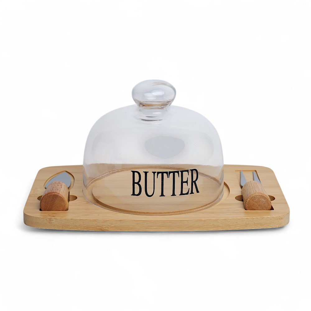 Маслёнка стеклянная с бамбуковый подставкой + 2 ножей круглая 410-H-11