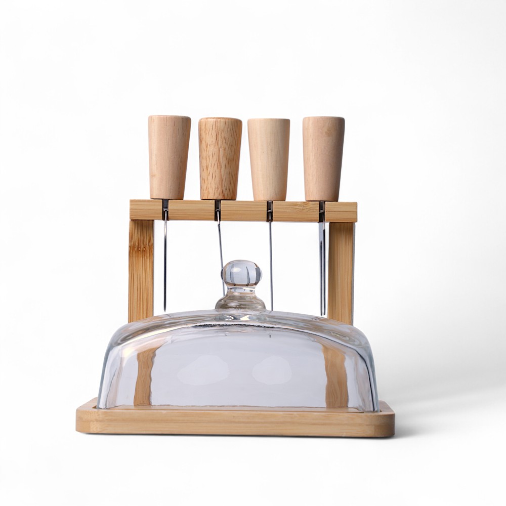 Маслёнка стеклянная с бамбуковый подставкой + 4 ножей 410-H-8 MASLONKA