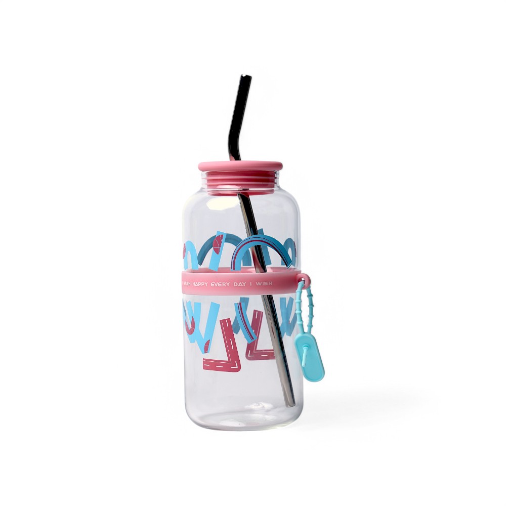 Cтакан стеклянный с трубочкой Розовый 730 мл DB-104-2